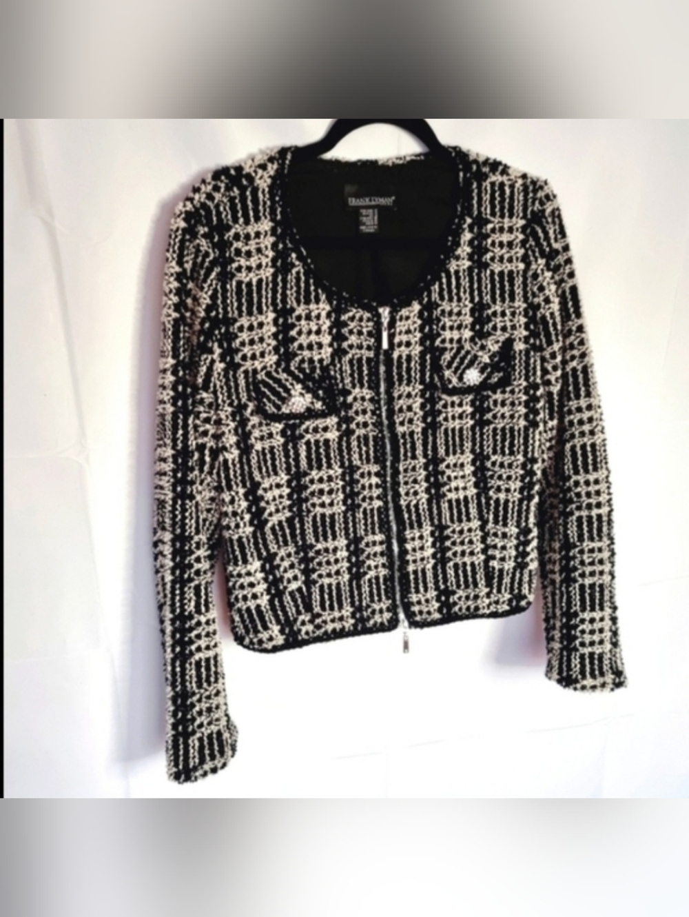 Frank Lyman Black & Cream Tweed Zip Front Lined Blazer Jacket - Classic Bouclé